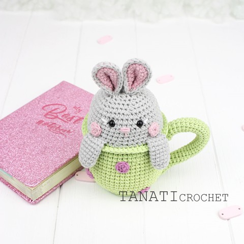 Crochet bunny rattle in a cup