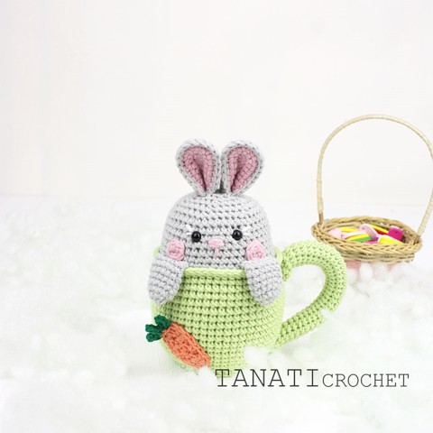 Crochet bunny rattle in a cup